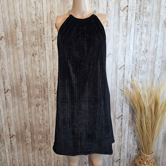 Michael Kors Womens Sleeveless Chain Strap Metallic Velvet Dress SZ XS Black - Picture 2 of 10
